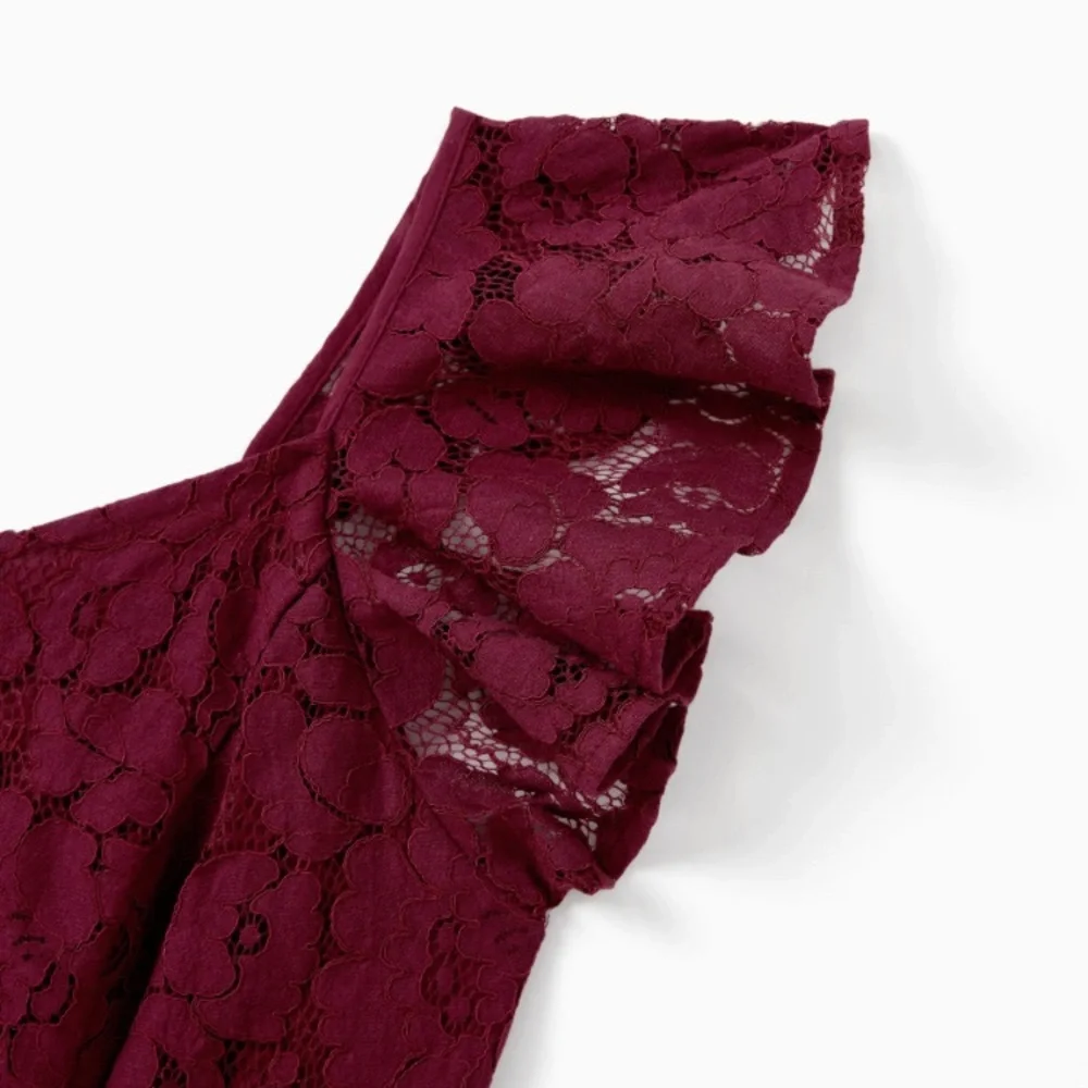 Wine Red A-Line Dress Lace Ruffle Sleeve, Women XL. - Picture 5 of 10